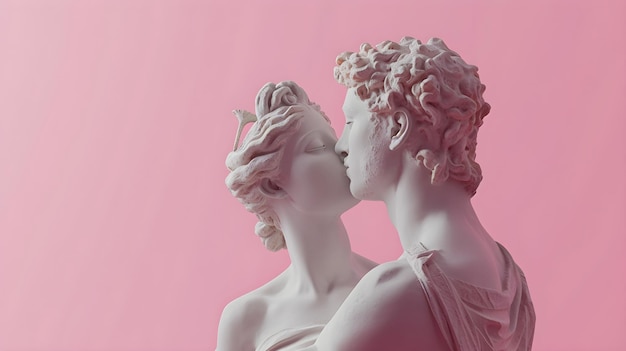 Male and female statues kissing pink background