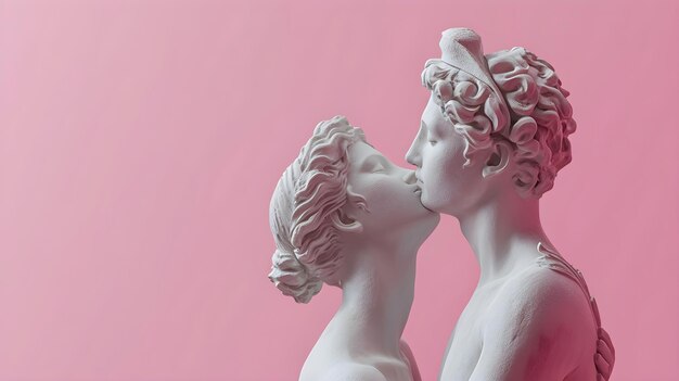 Male and female statues kissing pink background