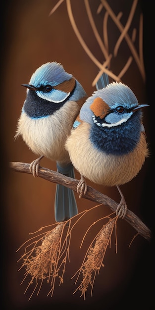 Male and female superb fairywren Malurus cyaneus huddled together on a branch Cute Australian bird portrait