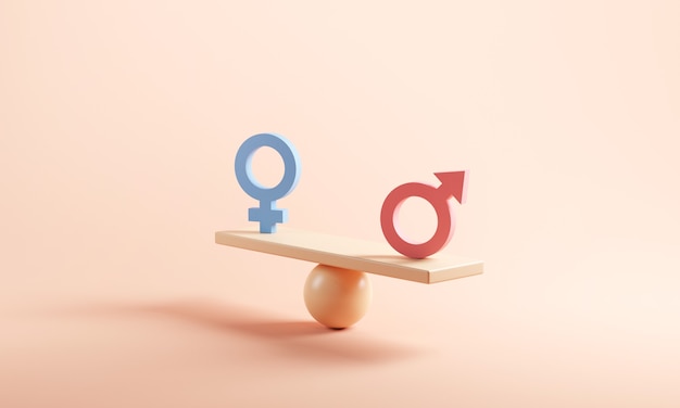 Photo male and female symbol on the scales with balance on yellow background