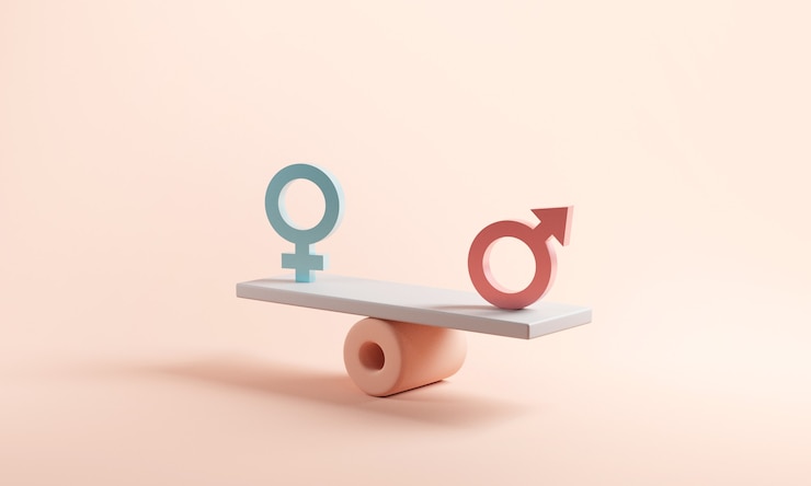 Photo male and female symbol on the scales with balance