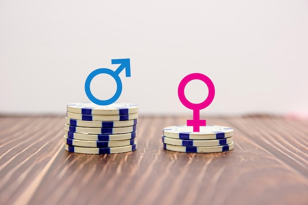 Male and female symbols on piles of coins Gender pay equality concept