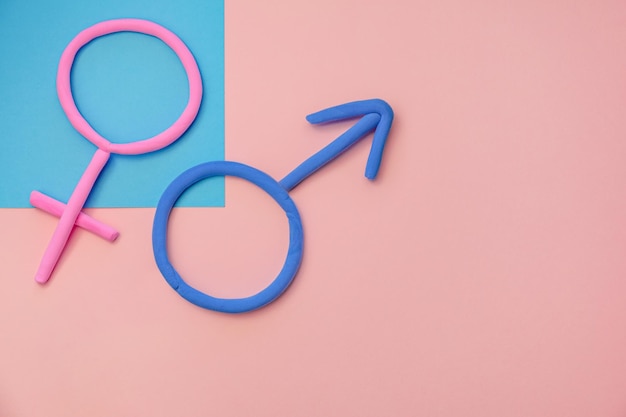 Photo male and female symbols of plasticine on color background flat lay gender equality