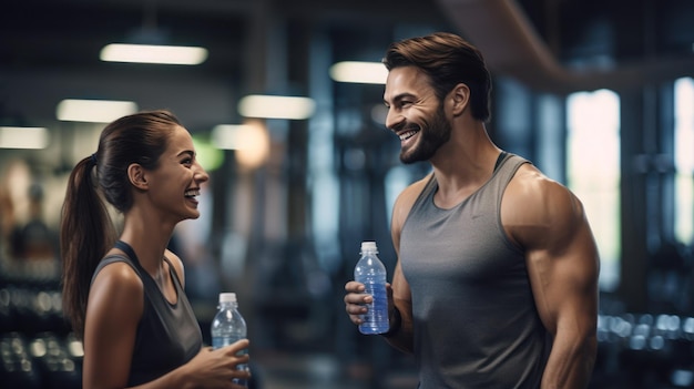 male and female talking relax with friends after workout in the gym