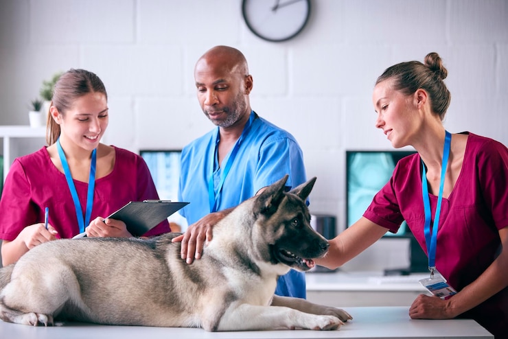 Photo male and female veterinary team examining pet akita dog in surgery