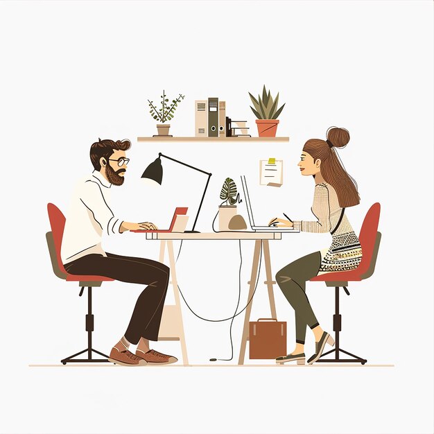 male and female working together illustration for web