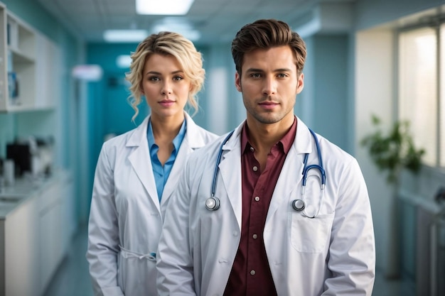 A male and femle doctors warming siting in clinic