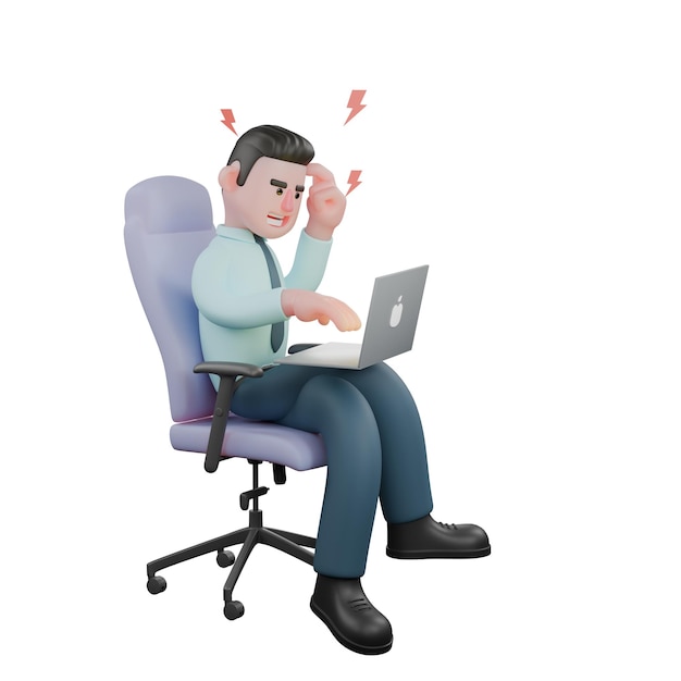 A male financial analyst is sitting in chair with holding an laptop while left finger points to head