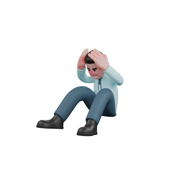 a male financial analyst sits on the floor with both hands holding his bowed head male