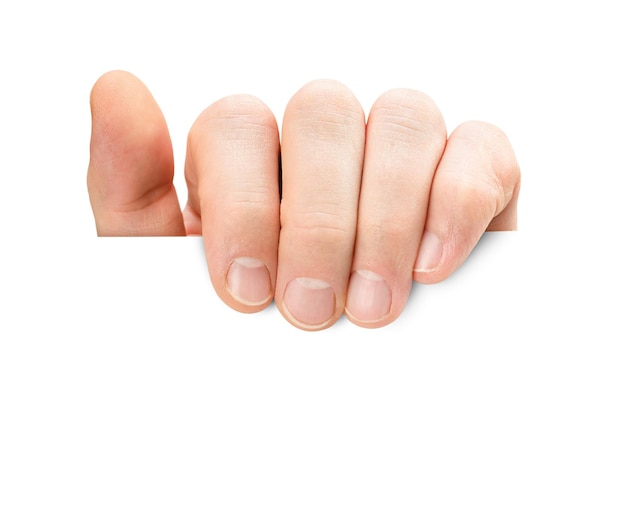 Male fingers holding something on white isolated background