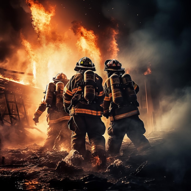 火の中の男性消防士の肖像画