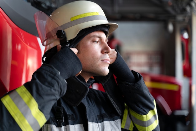 Photo male firefighter putting on safety helmet