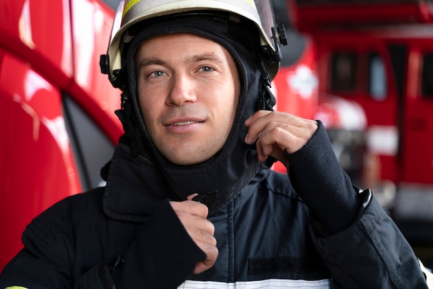 Photo male firefighter putting on safety helmet