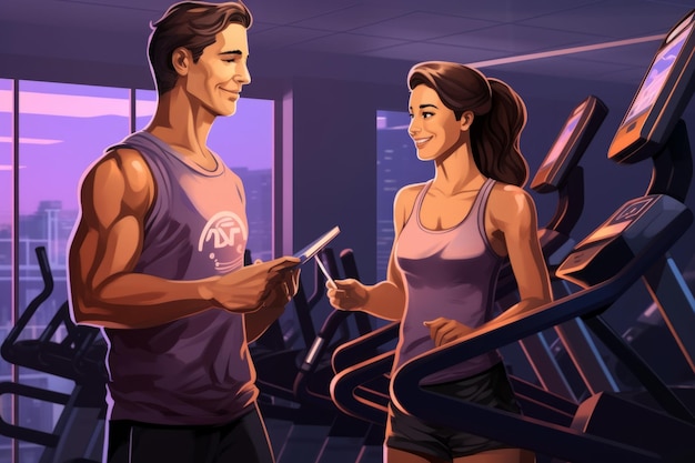 Male fitness instructor motivating woman on crosstrainer at gym