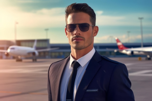 a male flight attendant wearing a flight attendant uniform and a pair of black sunglasses