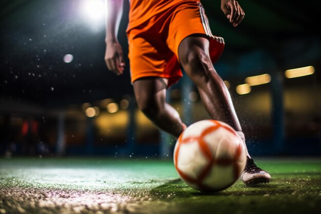 Photo male football player hits the ball on the field