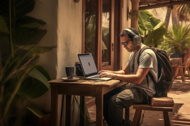 Male freelancer using laptop in tropical landscape Remote workplace in nature Digital nomad