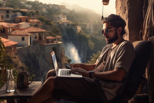 Male freelancer using laptop in tropical landscape Remote workplace in nature Digital nomad