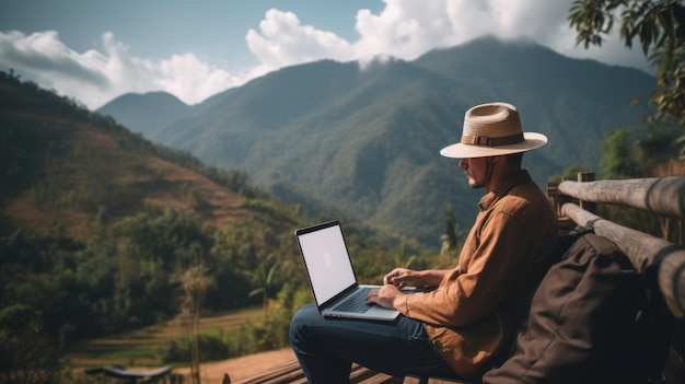 Foto uomo freelance che lavora online usando un portatile e godendosi la vista delle montagne