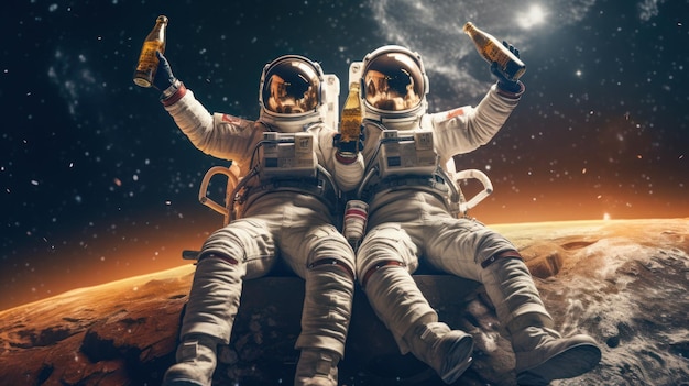宇宙服を着た男性と友人が幸せそうに自由を保持し、クラフトビールのボトルを持って月を応援する