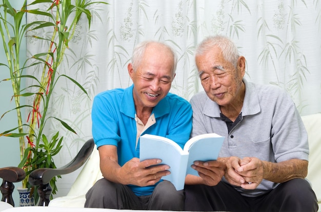 Male friends reading book while sitting on sofa at home