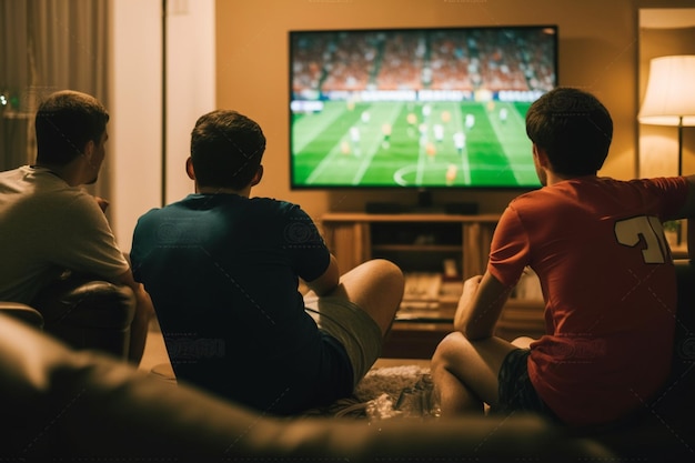 male friends sitting on couch in living room and talking with each other while watching TV