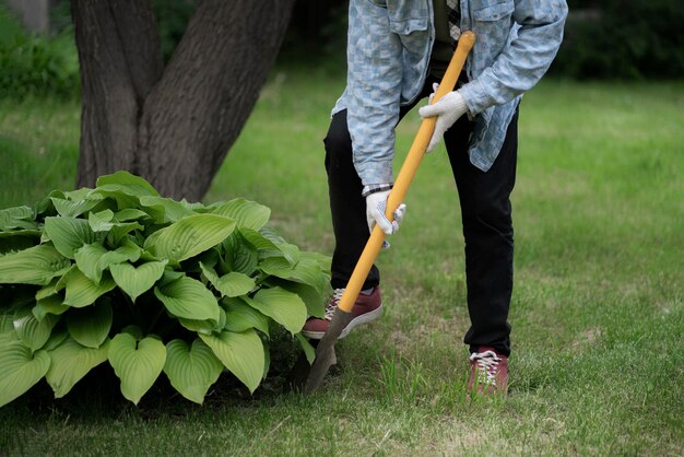 A male gardener digging dirt using yellow shovel