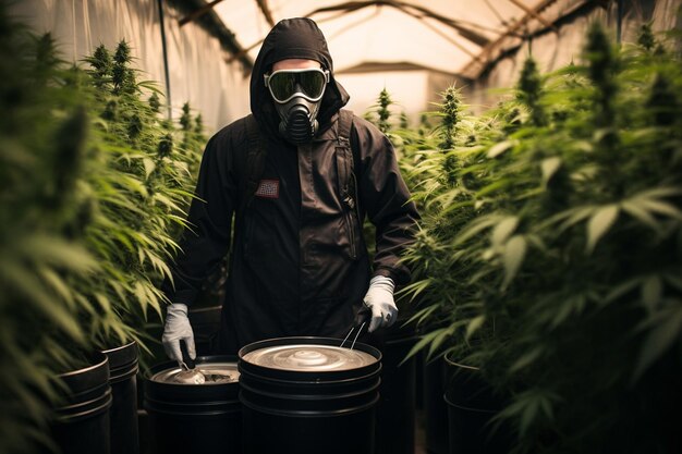 Male Gardener in Protective Costume and Gas Mask