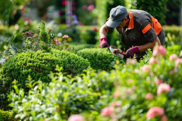 male gardener pruning bushes in summer garden or park