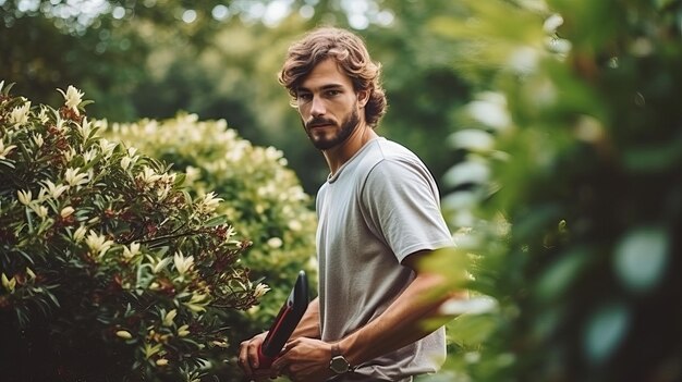 Photo male gardener trimming bushes in park