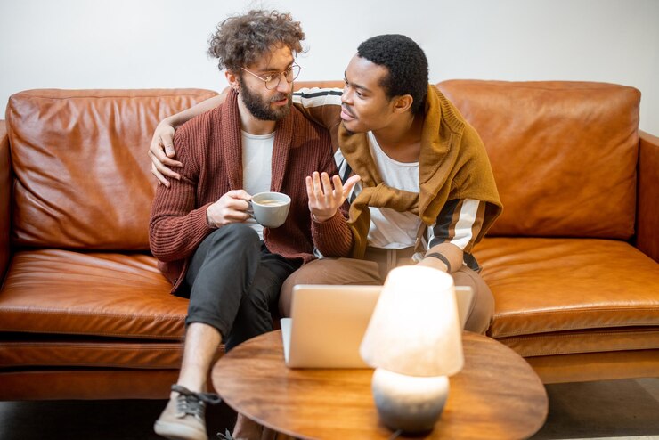 Male gay couple talking on a couch at home
