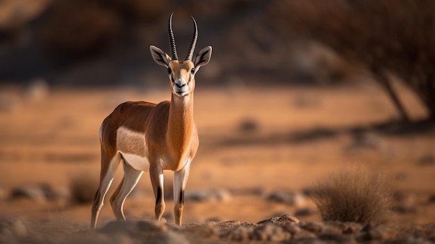 A male gazelle stands in the desert.