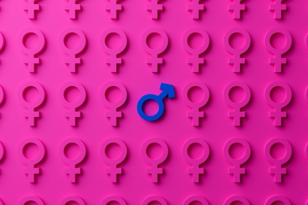 Male gender symbol surrounded by female gender symbols on a pink background.