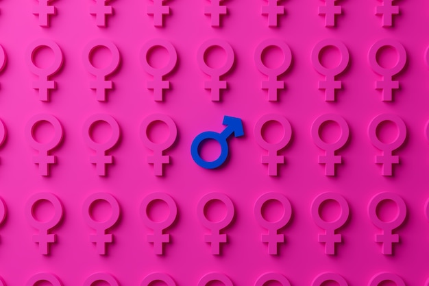 Photo male gender symbol surrounded by female gender symbols on a pink background.