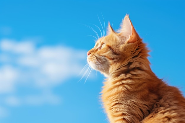 Male ginger cat sitting on the top of the roof with the blue sky background