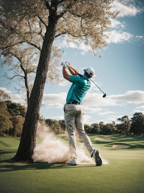 A male golfer in blue shirt teeing off on a golf course as seen from behi