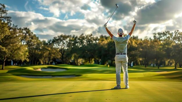 Male golfer celebrating his victory on the golf course