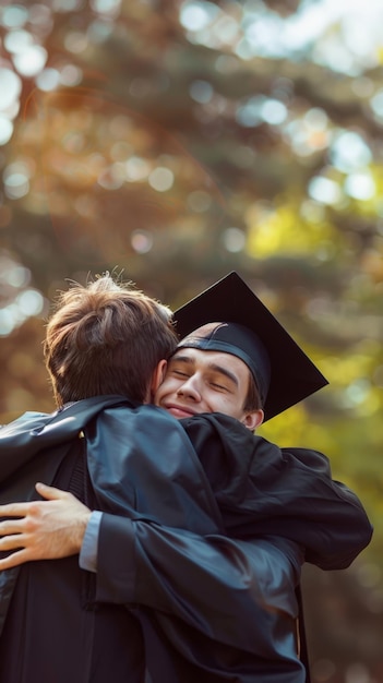 Male graduate in cap and gown sharing a heartfelt hug bokeh background