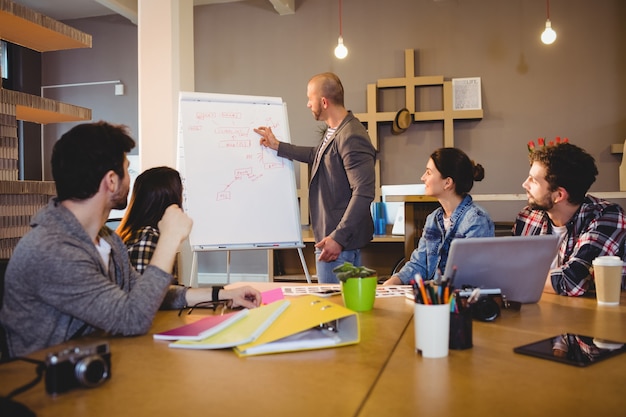 Male graphic designer discussing chart on white board with coworkers