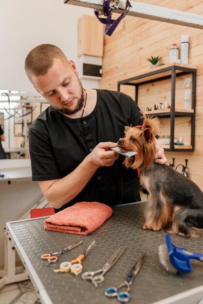 グルーミングサロンで入浴した後、ヨークシャーテリアの犬の髪の毛をブラッシングする男性のグルーマー獣医スパクリニックでヘアスタイルをしている女性のペットの美容師