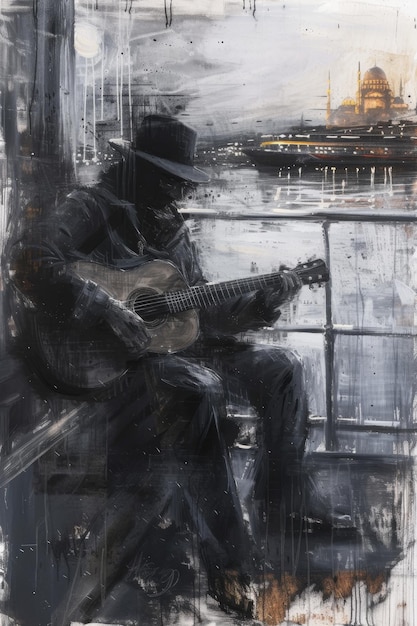 A male guitarist is playing guitar on the street Illustration