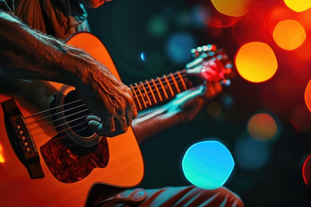 Male guitarist playing acoustic guitar with colorful background