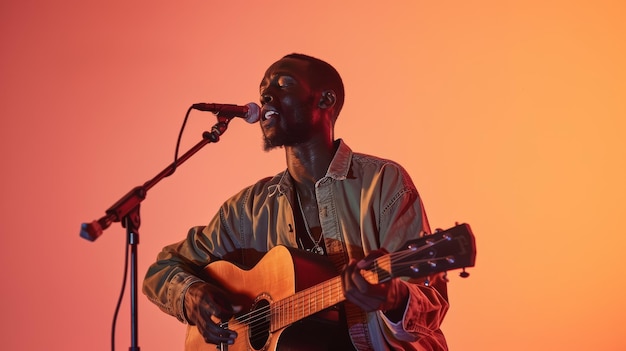 Male guitarist singing into a microphone on stage with red background lighting Concert portrait Live music and performance concept