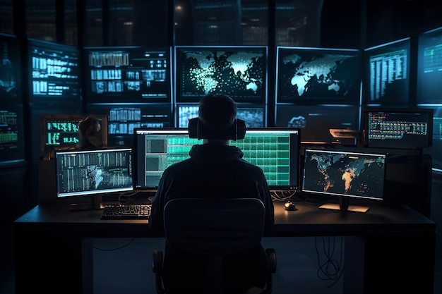 Male hacker in a room in front of monitors
