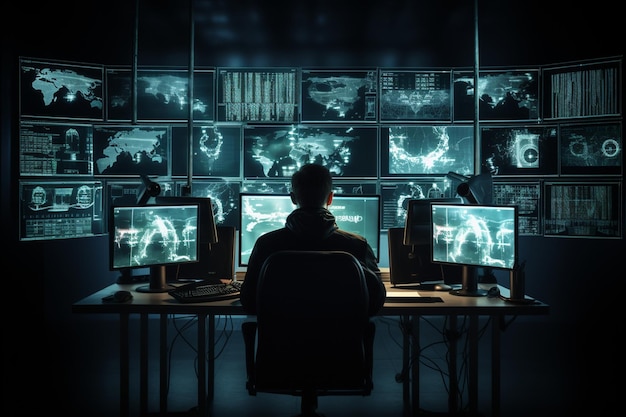 Male hacker in a room in front of monitors