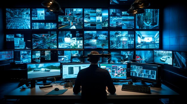 male hacker in a room in front of monitors