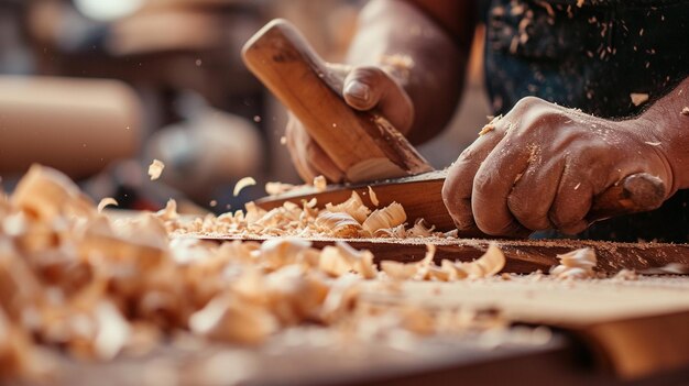 Foto una mano maschile nel lavoro del falegname un uomo sta tagliando legna con una maniglia di legno