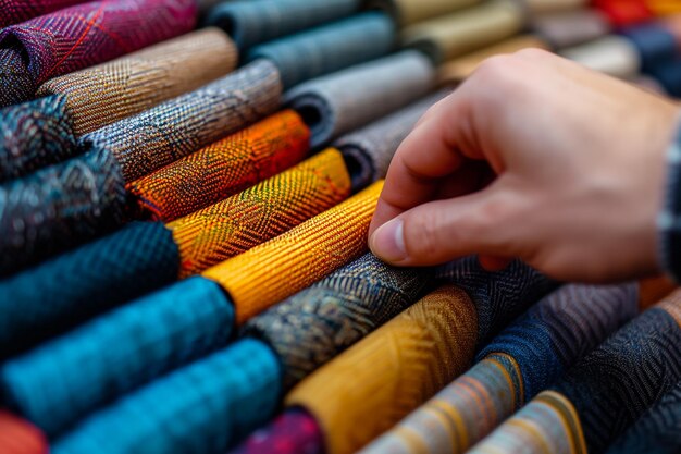 Foto maschio che sceglie a mano campioni di tessuti colorati perfetti per nuovi divani e sedie nella nuova casa tessuti piatti di diversi colori