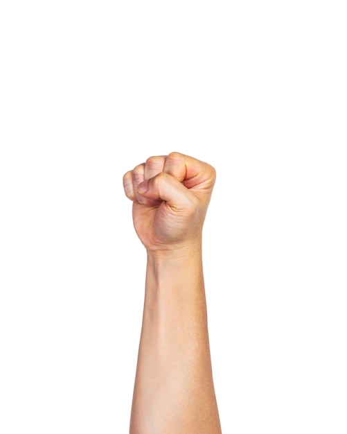 Male hand in fist punching straight out on white background