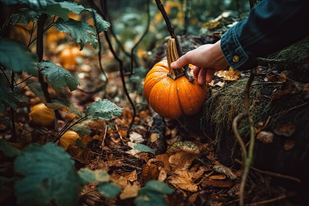 Male Hand Gathering Ripe Pumpkins from Nature39s Bountiful Patch